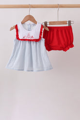 Blue Embroidered Swiss Dot Bloomer Set - Aaria Tees