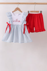 Blue Embroidered Swiss Dot Ruffle Set - Aaria Tees