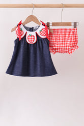 Navy Apple Applique Denim Bloomer Set - Aaria Tees