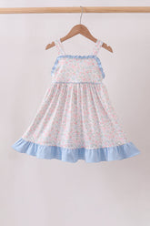 Blue Floral Print Ruffle Dress - Aaria Tees