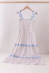 Blue Floral Smocked Mom Tiered Dress - Aaria Tees