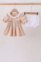 Khaki Puppy Smocked Bloomer Set - Aaria Tees