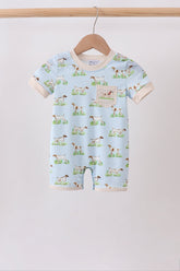 Blue Puppy Embroidered Pocket Romper - Aaria Tees