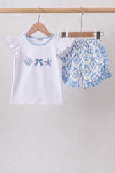 Blue Shells Embroidered Ruffle Shorts Set - Aaria Tees