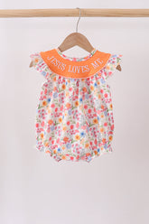 Coral Jesus Loves me Embroidered Floral Bubble - Aaria Tees
