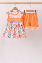 Coral Jesus Loves me Embroidered Floral Shorts Set - Aaria Tees