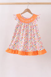 Coral Jesus Loves me Embroidered Floral Ruffle Dress - Aaria Tees