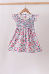 Blue Floral Smocked Ruffle Dress - Aaria Tees
