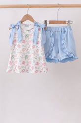 Blue Hydrangea Ruffle Shorts Set - Aaria Tees