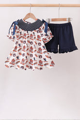Navy Auburn Smocked Scalloped Shorts Set - Aaria Tees