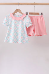 Pink Floral Bow Print Scalloped Shorts Set - Aaria Tees