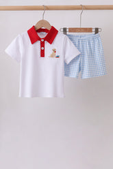 Blue Puppy Embroidered Boys Shorts Set - Aaria Tees