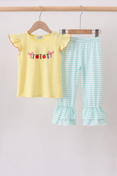 Yellow Apple Crayon Embroidered Ruffle Pants Set - Aaria Tees
