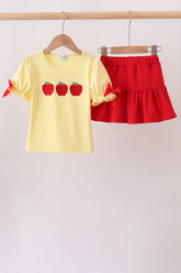 Yellow Apple Crayon Embroidered Girls Skorts Set - Aaria Tees