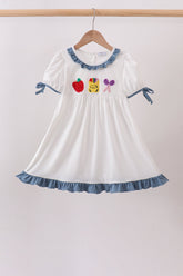 Blue Apple Crayon French Knot Ruffle Dress - Aaria Tees