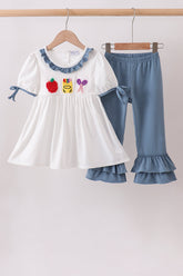 Blue Apple Crayon French Knot Ruffle Pants Set - Aaria Tees