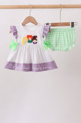 Purple Hocus pocus french knot ruffle bloomer set - Aaria Tees