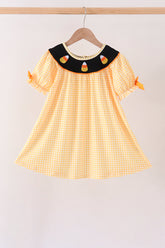 Mustard Candy Embroidery Gingham Dress - Aaria Tees