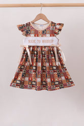 Brown Made to Worship Embroidery Ruffle Dress - Aaria Tees