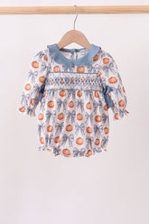 Blue Pumpkin Bow Smocked Ruffle Bubble - Aaria Tees