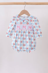 Blue Bow Smocked Floral Gingham Bubble - Aaria Tees