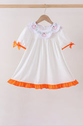 Orange Pumpkin Bow Embroidery Ruffle Dress - Aaria Tees