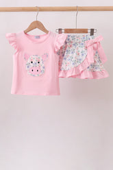 Pink Piggy Applique Ruffle Skorts Set - Aaria Tees