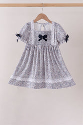 Navy Floral Bow Smocked Dress - Aaria Tees