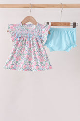 Blue Floral Smocked Ruffle Bloomer Set - Aaria Tees