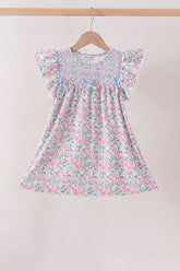 Blue Floral Smocked Ruffle Dress - Aaria Tees