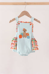 Blue Puppy Pumpkin Embroidery Ruffle Bubble - Aaria Tees