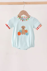 Blue Puppy Pumpkin Embroidery Bubble - Aaria Tees