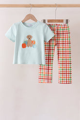 Blue Puppy Pumpkin Embroidery Gingham Pants Set - Aaria Tees