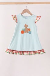 Blue Puppy Pumpkin Embroidery Gingham Ruffle Dress - Aaria Tees