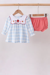 Blue Farm Embroidery Gingham Bloomer Set - Aaria Tees