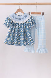 Blue pumpkin bow smocked lace ruffle pants set - Aaria Tees