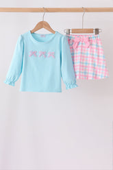 Blue bow french knot plaid skorts set - Aaria Tees