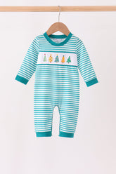 Green Christmas Tree Embroidery Stripe Romper - Aaria Tees
