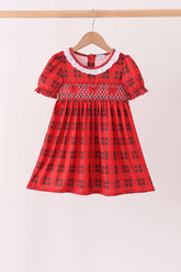 Red Plaid Bow Smocked Ruffe Dress - Aaria Tees