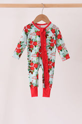 Red Floral Ruffle Zip Bamboo Romper - Aaria Tees