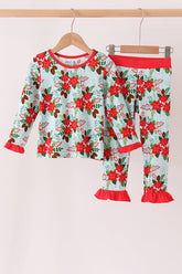 Red Floral Ruffle Bamboo Pajama Set - Aaria Tees
