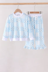 Blue floral bow checkered mom&me pants set - Aaria Tees