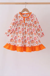 Orange Pumpkin Print Ruffle Dress - Aaria Tees