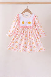 Pink pumpkin bow embroidery ruffle dress - Aaria Tees