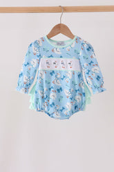 Blue goose bow embroidery ruffle bubble - Aaria Tees