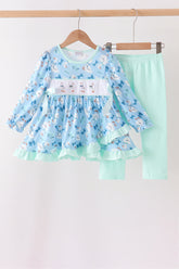 Blue goose bow embroidery ruffle set - Aaria Tees