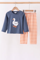 Navy goose applique gingham pants set - Aaria Tees