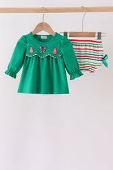 Green christmas tree bow applique stripe bloomer set - Aaria Tees