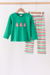 Green christmas tree applique stripe pants set - Aaria Tees