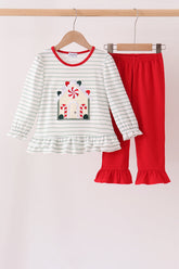 Red gingerbread house applique stripe ruffle pants set - Aaria Tees
